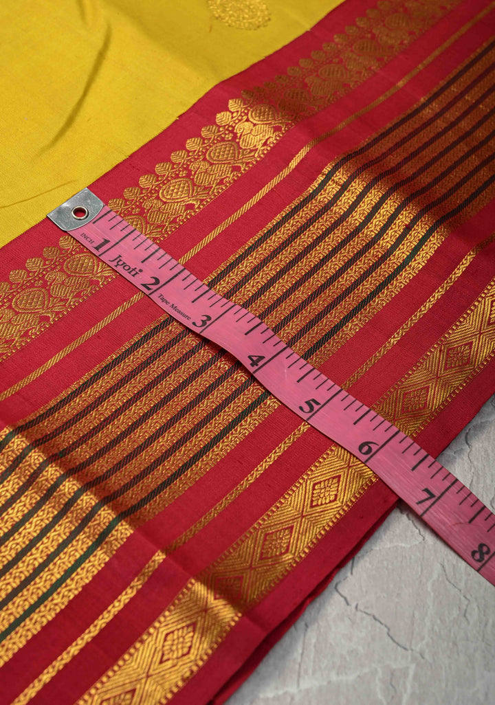 Korvai Weave Yellow Kanjivaram Pure Silk Saree with Zari Buttas and Contrast Zari Border | SILK MARK CERTIFIED