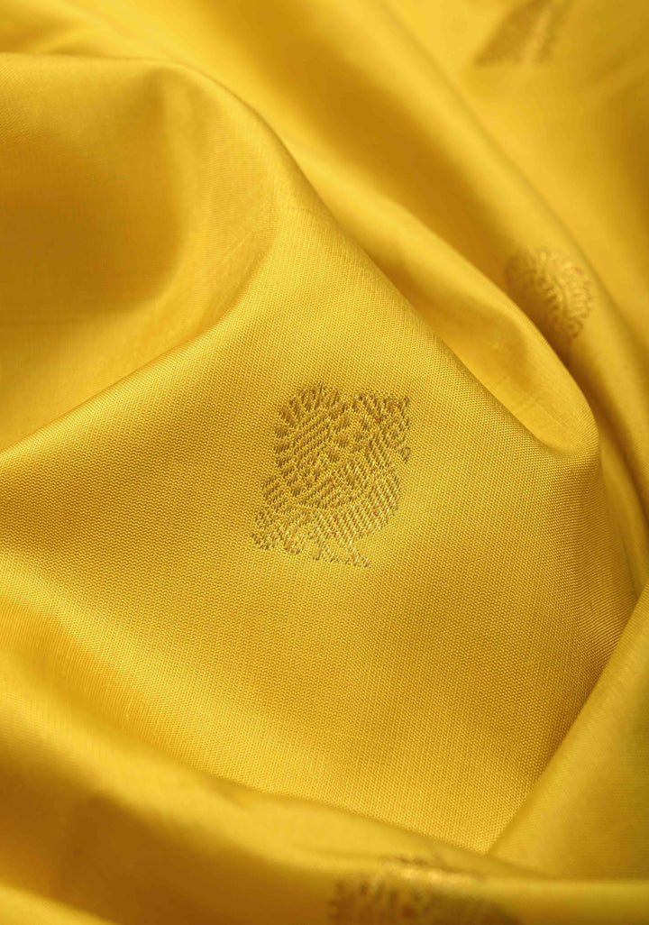 Korvai Weave Yellow Kanjivaram Pure Silk Saree with Zari Buttas and Contrast Zari Border | SILK MARK CERTIFIED