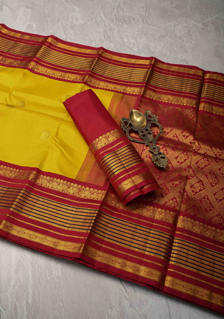 Korvai Weave Yellow Kanjivaram Pure Silk Saree with Zari Buttas and Contrast Zari Border | SILK MARK CERTIFIED