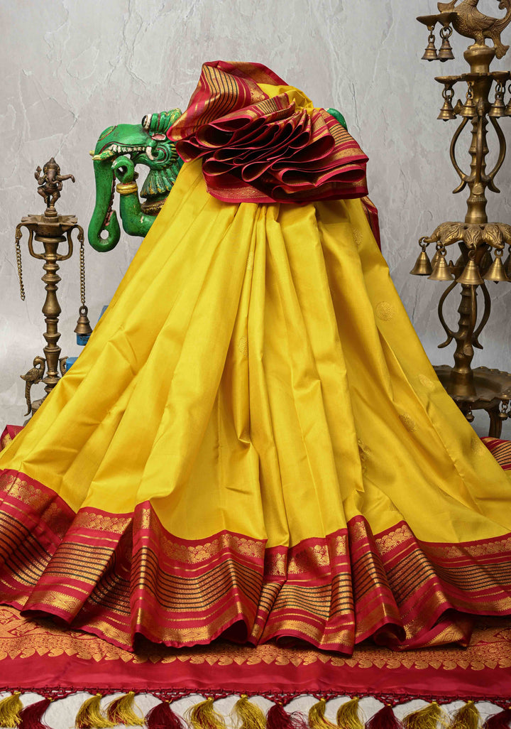 Korvai Weave Yellow Kanjivaram Pure Silk Saree with Zari Buttas and Contrast Zari Border | SILK MARK CERTIFIED