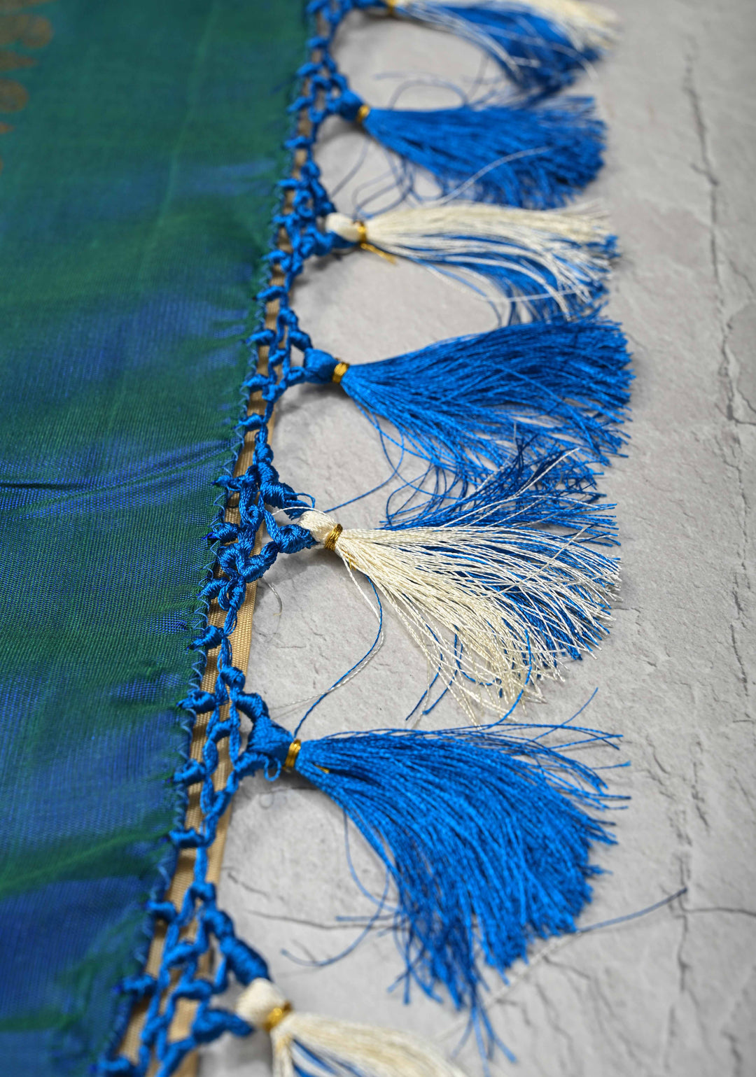 Korvai Cream and Peacock Blue Kanjivaram Pure Silk Saree with Zari Buttas and Contrast Zari Border | SILK MARK CERTIFIED
