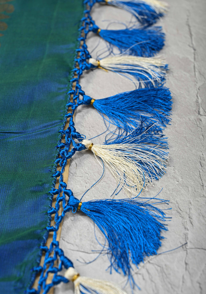 Korvai Cream and Peacock Blue Kanjivaram Pure Silk Saree with Zari Buttas and Contrast Zari Border | SILK MARK CERTIFIED