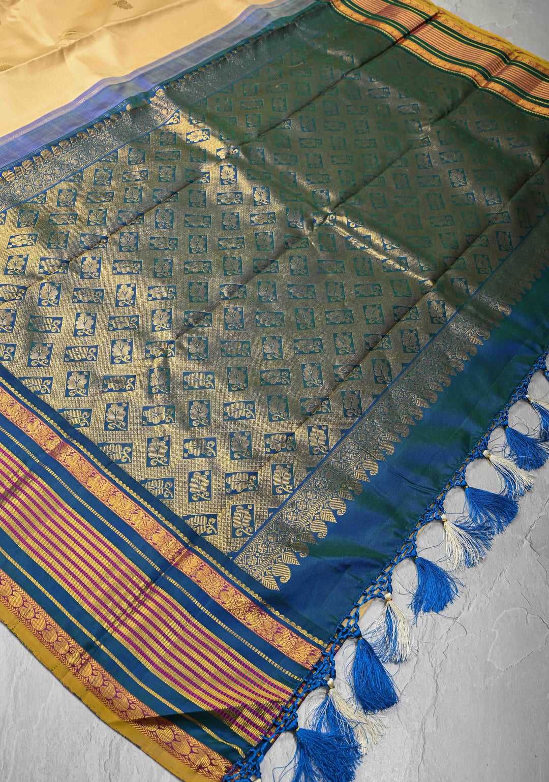 Korvai Cream and Peacock Blue Kanjivaram Pure Silk Saree with Zari Buttas and Contrast Zari Border | SILK MARK CERTIFIED