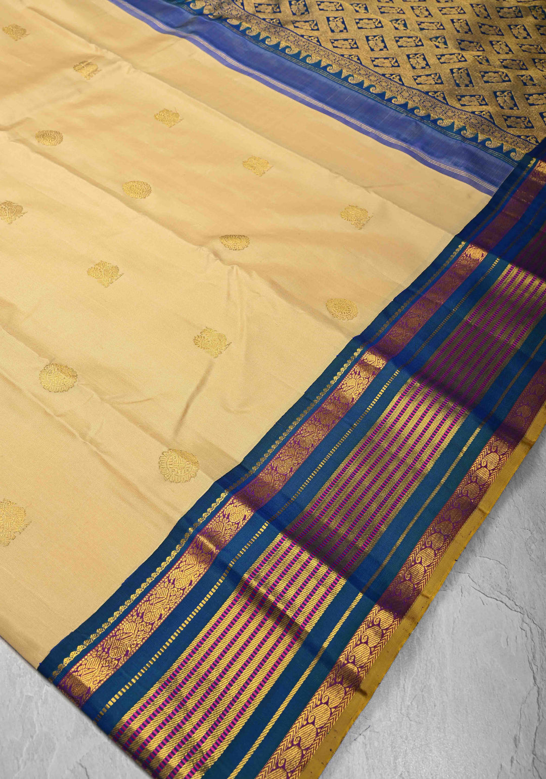 Korvai Cream and Peacock Blue Kanjivaram Pure Silk Saree with Zari Buttas and Contrast Zari Border | SILK MARK CERTIFIED
