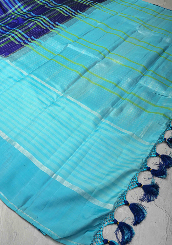 Kattam Ink Purple Kanjivaram Pure Silk Saree with Checks and Distinct Motifs on Wide Contrast Border | SILK MARK CERTIFIED