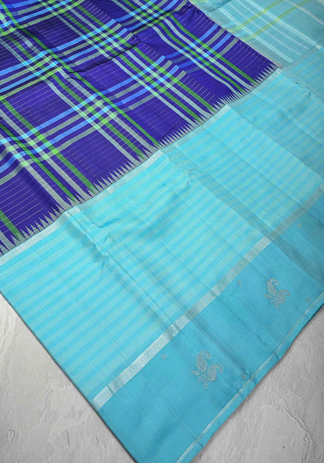 Kattam Ink Purple Kanjivaram Pure Silk Saree with Checks and Distinct Motifs on Wide Contrast Border | SILK MARK CERTIFIED
