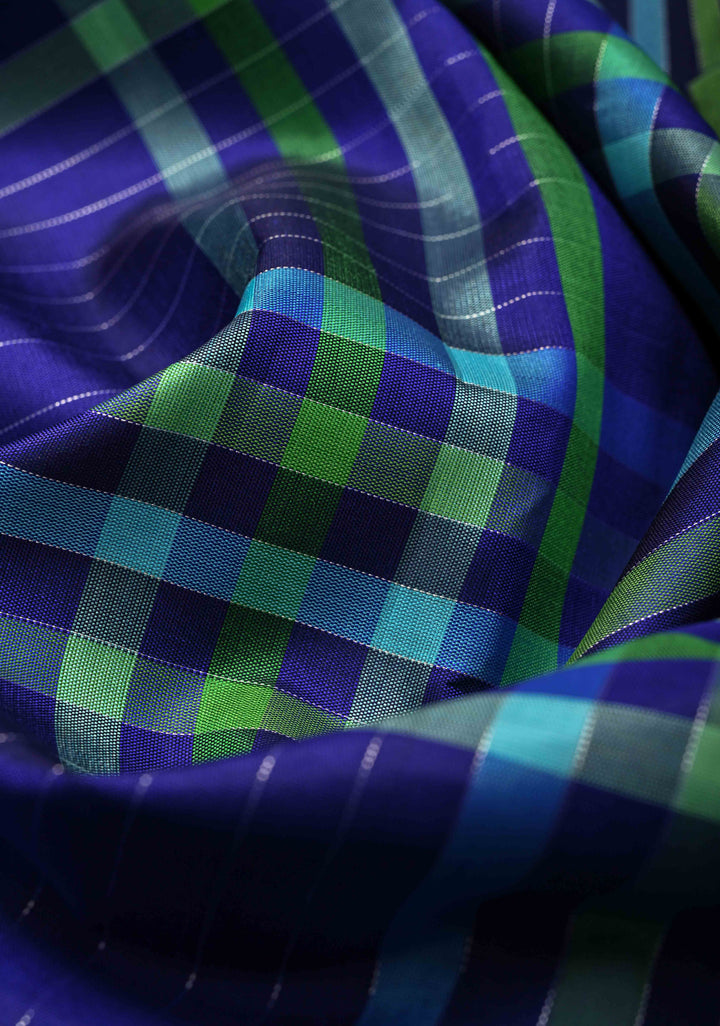 Kattam Ink Purple Kanjivaram Pure Silk Saree with Checks and Distinct Motifs on Wide Contrast Border | SILK MARK CERTIFIED