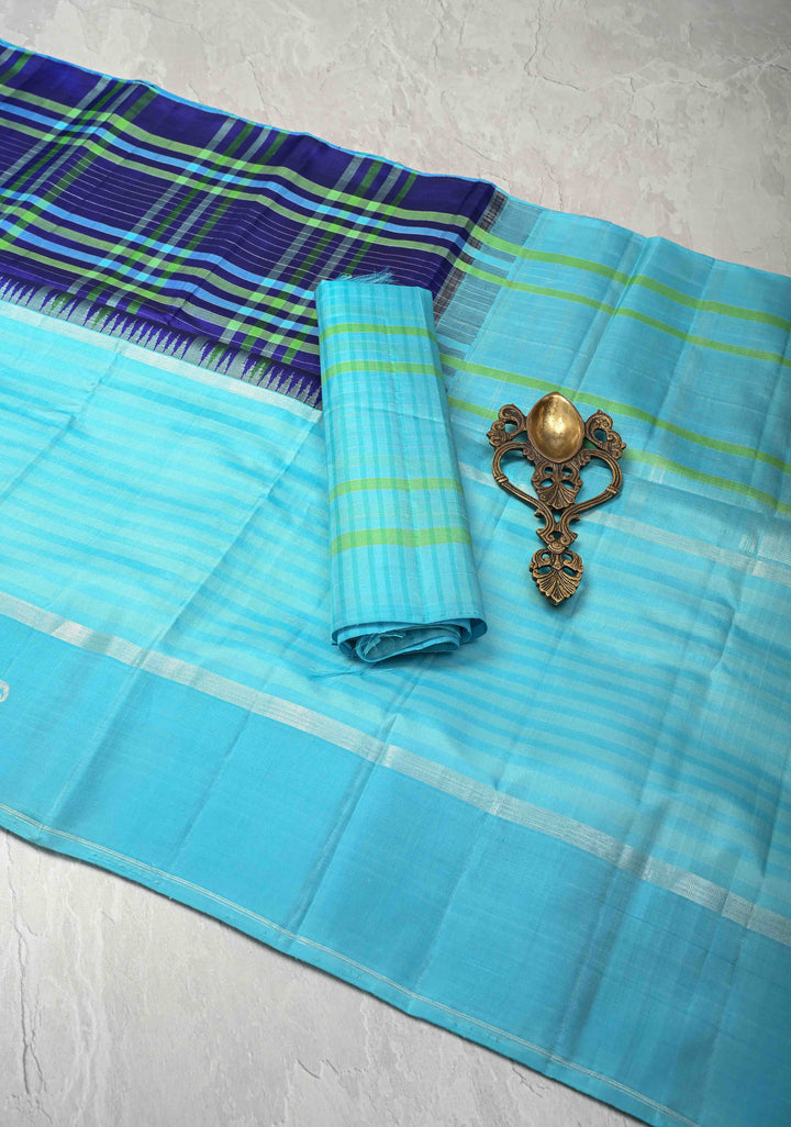 Kattam Ink Purple Kanjivaram Pure Silk Saree with Checks and Distinct Motifs on Wide Contrast Border | SILK MARK CERTIFIED