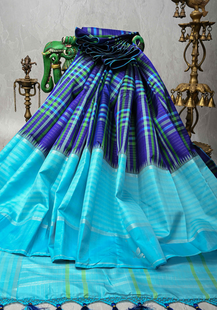 Kattam Ink Purple Kanjivaram Pure Silk Saree with Checks and Distinct Motifs on Wide Contrast Border | SILK MARK CERTIFIED