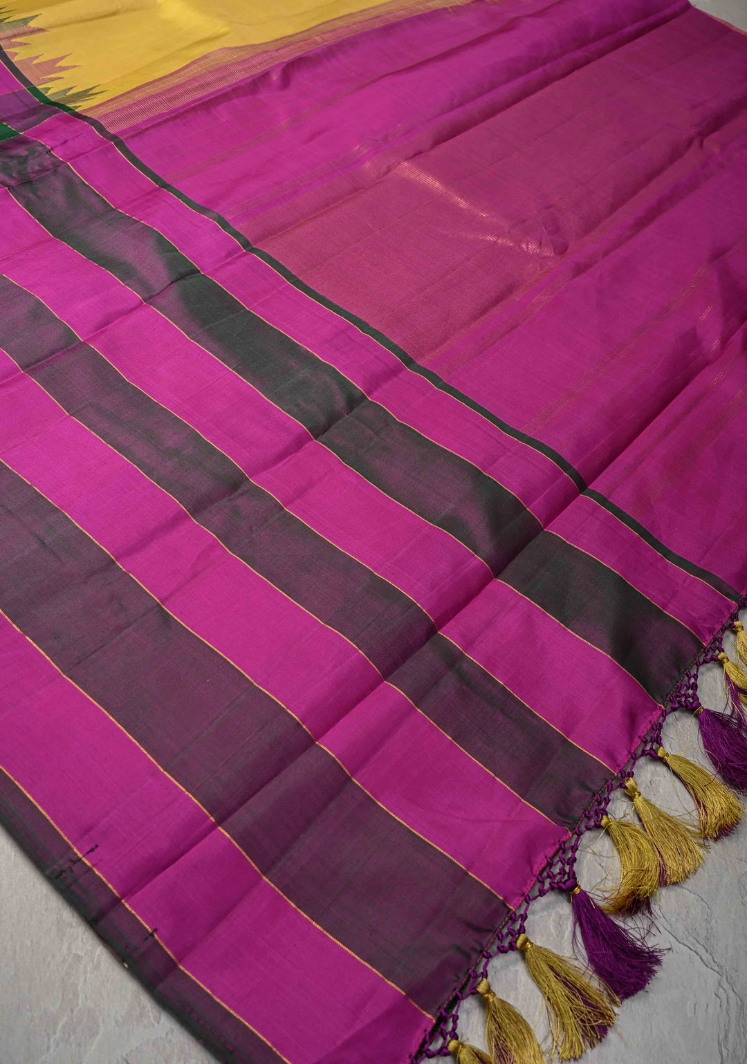 Kattam Butter Yellow Kanjivaram Pure Silk Saree with Tringle Buttas on Multicolor Pallum Pazhamum Skirt Border | SILK MARK CERTIFIED