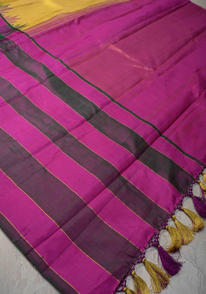 Kattam Butter Yellow Kanjivaram Pure Silk Saree with Tringle Buttas on Multicolor Pallum Pazhamum Skirt Border | SILK MARK CERTIFIED