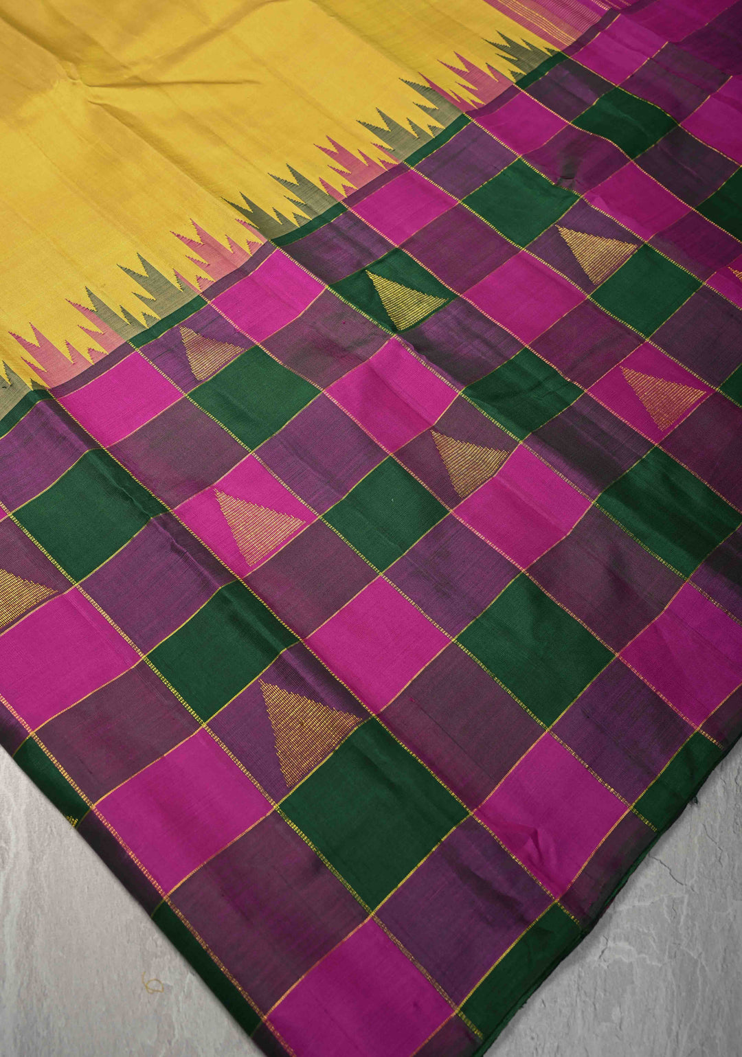 Kattam Butter Yellow Kanjivaram Pure Silk Saree with Tringle Buttas on Multicolor Pallum Pazhamum Skirt Border | SILK MARK CERTIFIED