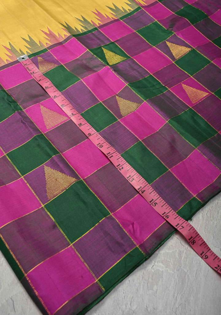 Kattam Butter Yellow Kanjivaram Pure Silk Saree with Tringle Buttas on Multicolor Pallum Pazhamum Skirt Border | SILK MARK CERTIFIED