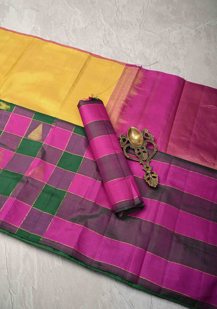 Kattam Butter Yellow Kanjivaram Pure Silk Saree with Tringle Buttas on Multicolor Pallum Pazhamum Skirt Border | SILK MARK CERTIFIED