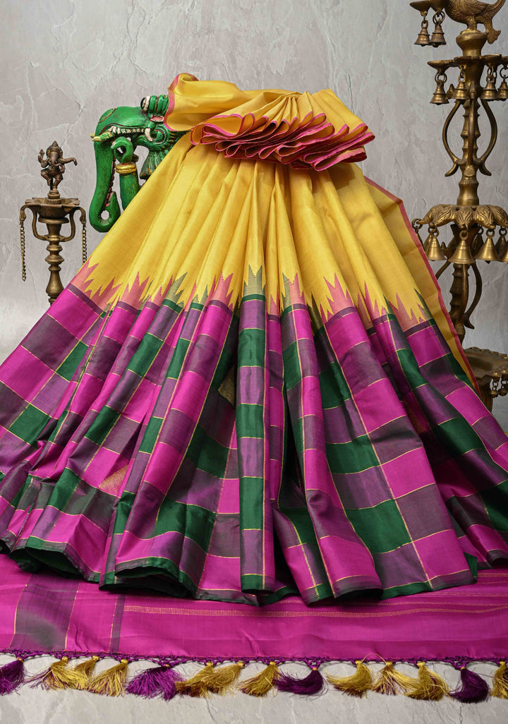 Kattam Butter Yellow Kanjivaram Pure Silk Saree with Tringle Buttas on Multicolor Pallum Pazhamum Skirt Border | SILK MARK CERTIFIED