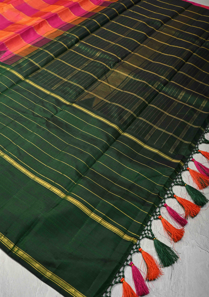 Kattam Multicolor Pallum Pazhamum Kanjivaram Pure Silk Saree with Zari Stripes and Buttas on Contrast Border | SILK MARK CERTIFIED