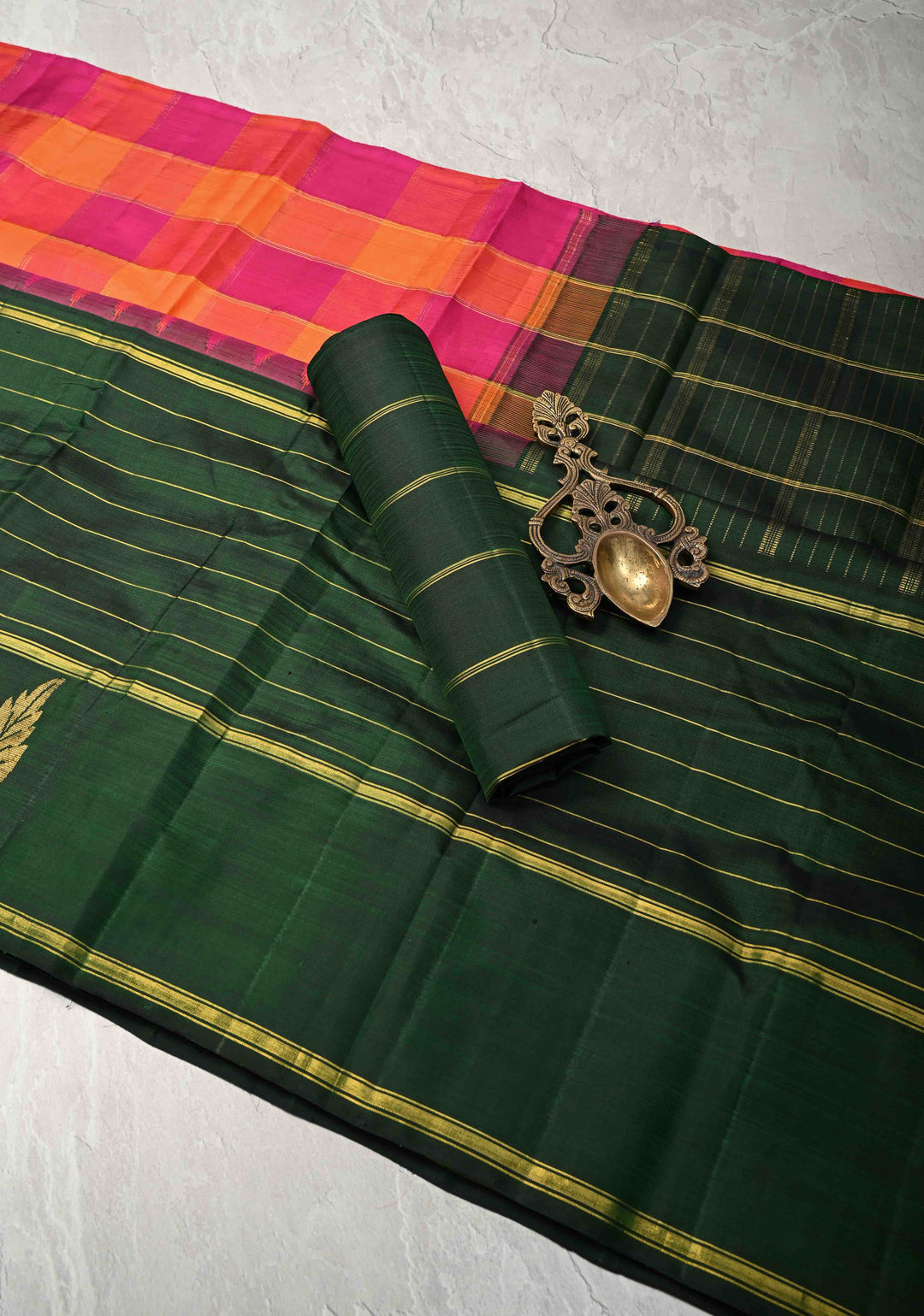 Kattam Multicolor Pallum Pazhamum Kanjivaram Pure Silk Saree with Zari Stripes and Buttas on Contrast Border | SILK MARK CERTIFIED