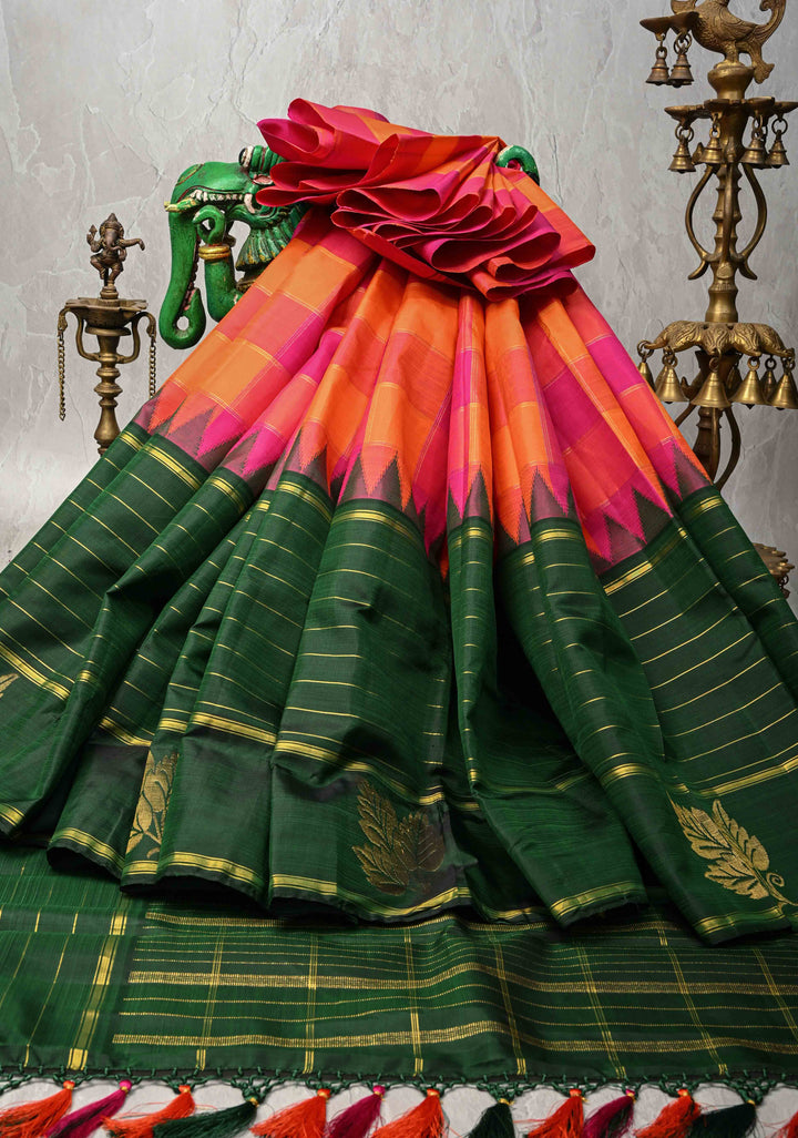 Kattam Multicolor Pallum Pazhamum Kanjivaram Pure Silk Saree with Zari Stripes and Buttas on Contrast Border | SILK MARK CERTIFIED