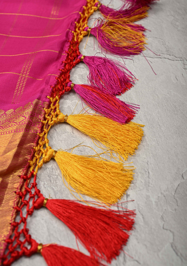 Orange Red Pallum Pazhamum Kanjivaram Silk Saree with Ganga Jamuna Borders | SILK MARK CERTIFIED