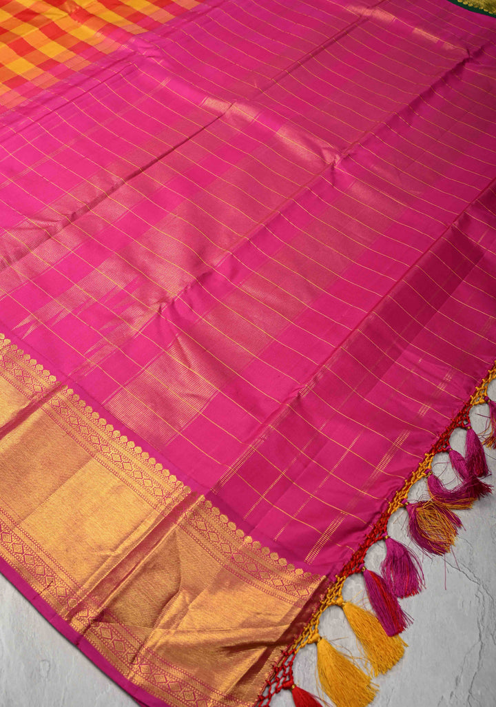 Orange Red Pallum Pazhamum Kanjivaram Silk Saree with Ganga Jamuna Borders | SILK MARK CERTIFIED