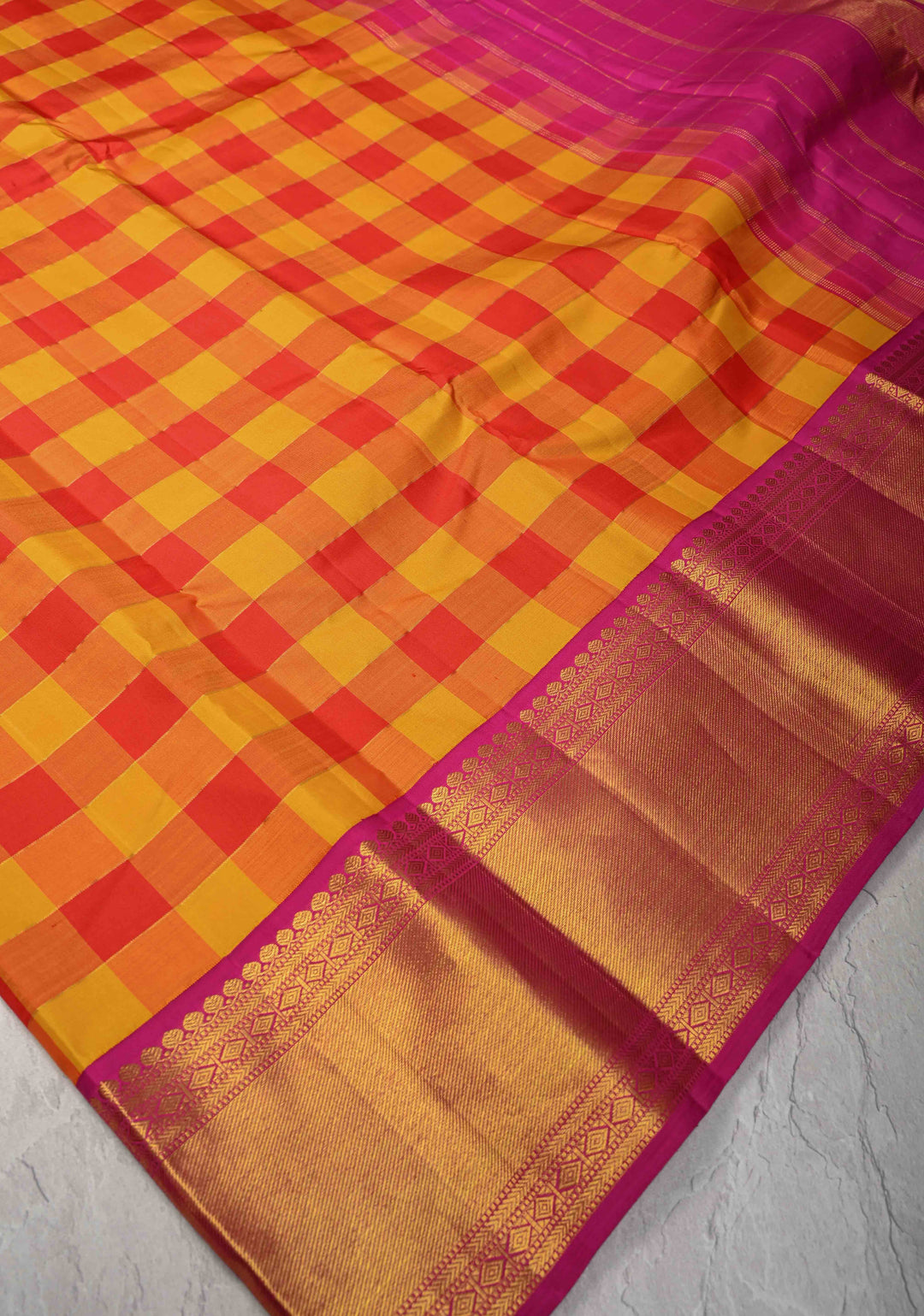 Orange Red Pallum Pazhamum Kanjivaram Silk Saree with Ganga Jamuna Borders | SILK MARK CERTIFIED