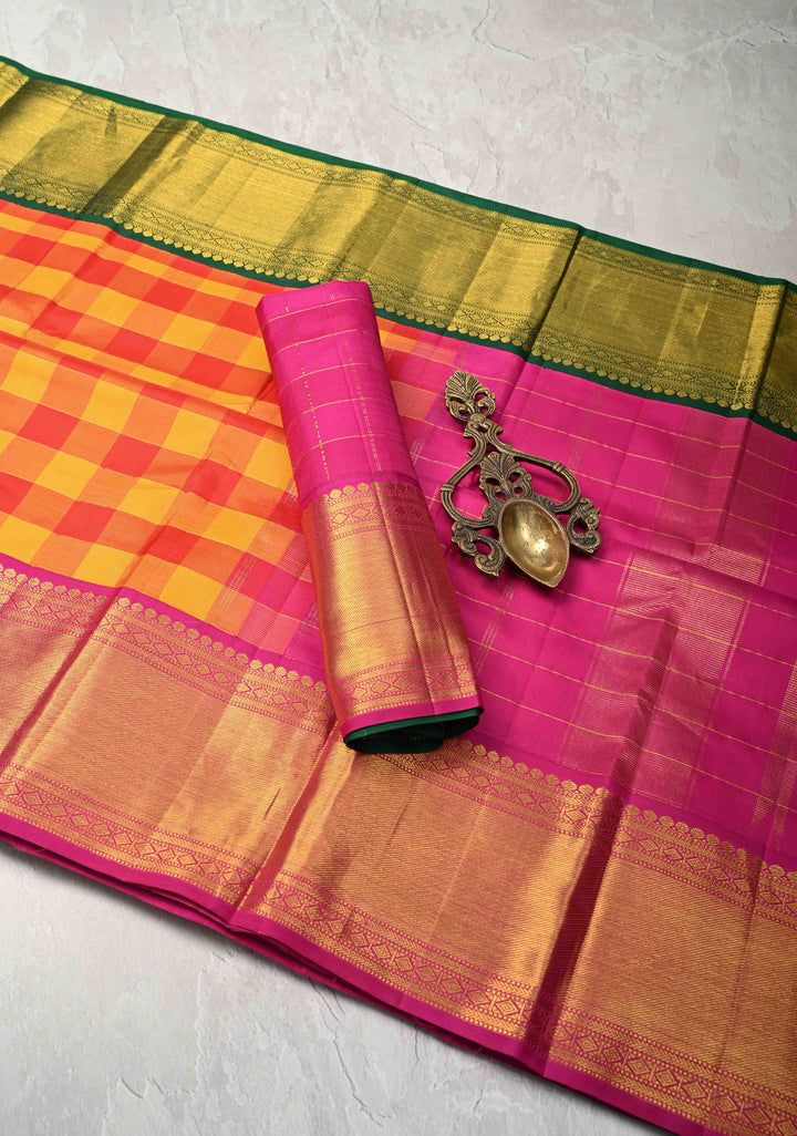 Orange Red Pallum Pazhamum Kanjivaram Silk Saree with Ganga Jamuna Borders | SILK MARK CERTIFIED