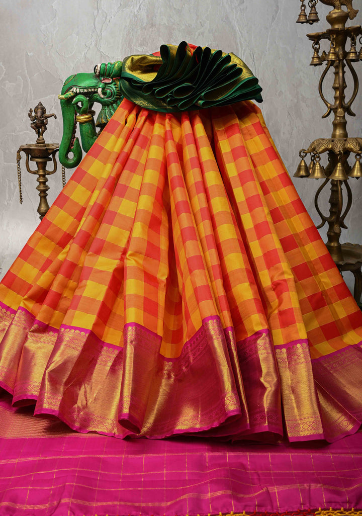 Orange Red Pallum Pazhamum Kanjivaram Silk Saree with Ganga Jamuna Borders | SILK MARK CERTIFIED