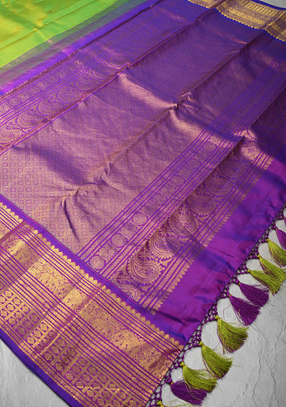 Koravi Weave Chartreuse Kanjivaram Pure Silk Saree with Zari Buttis and Contrast Zari Border | SILK MARK CERTIFIED