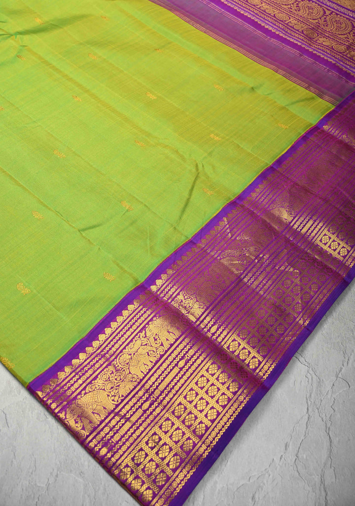 Koravi Weave Chartreuse Kanjivaram Pure Silk Saree with Zari Buttis and Contrast Zari Border | SILK MARK CERTIFIED
