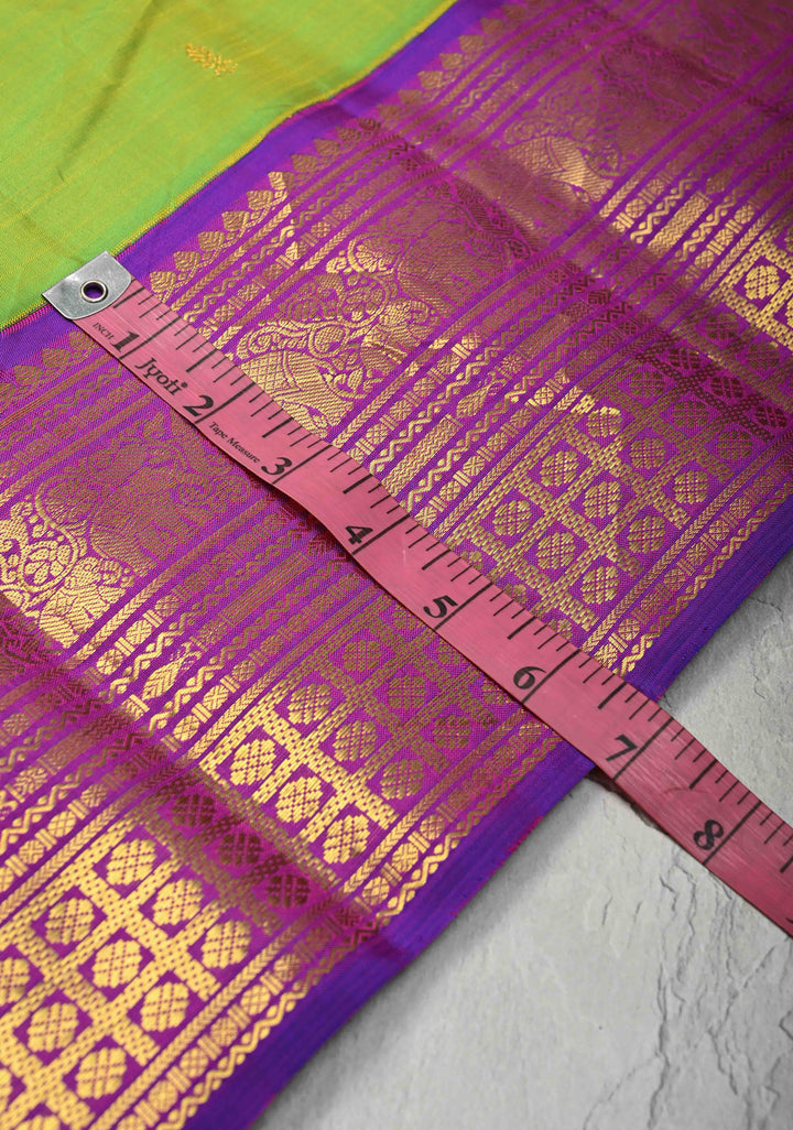 Koravi Weave Chartreuse Kanjivaram Pure Silk Saree with Zari Buttis and Contrast Zari Border | SILK MARK CERTIFIED