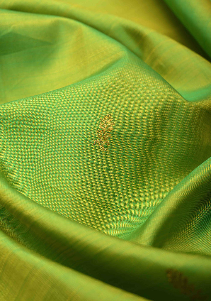 Koravi Weave Chartreuse Kanjivaram Pure Silk Saree with Zari Buttis and Contrast Zari Border | SILK MARK CERTIFIED