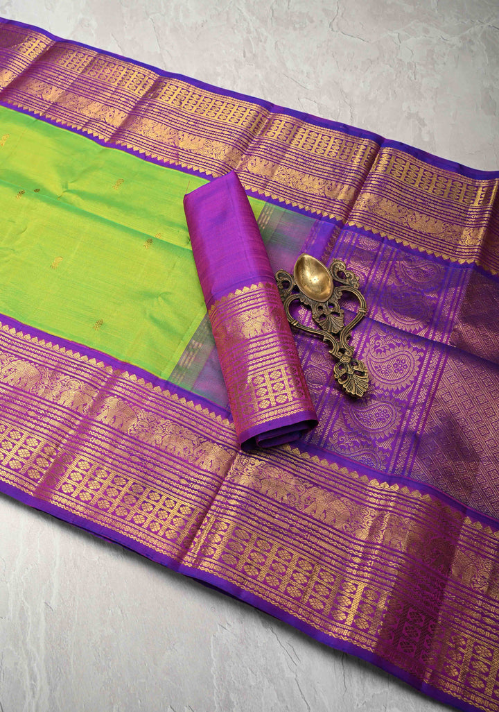 Koravi Weave Chartreuse Kanjivaram Pure Silk Saree with Zari Buttis and Contrast Zari Border | SILK MARK CERTIFIED