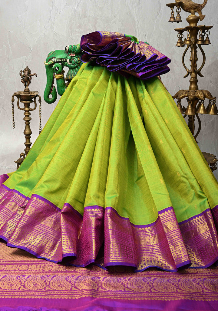 Koravi Weave Chartreuse Kanjivaram Pure Silk Saree with Zari Buttis and Contrast Zari Border | SILK MARK CERTIFIED