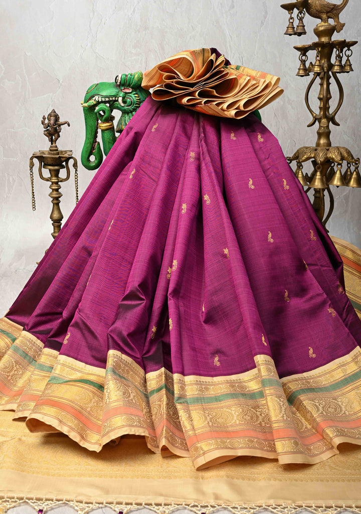 Vadamalli Purple  Kanjivaram Pure Silk Saree with Zari Buttis and Contrast Zari Border | SILK MARK CERTIFIED
