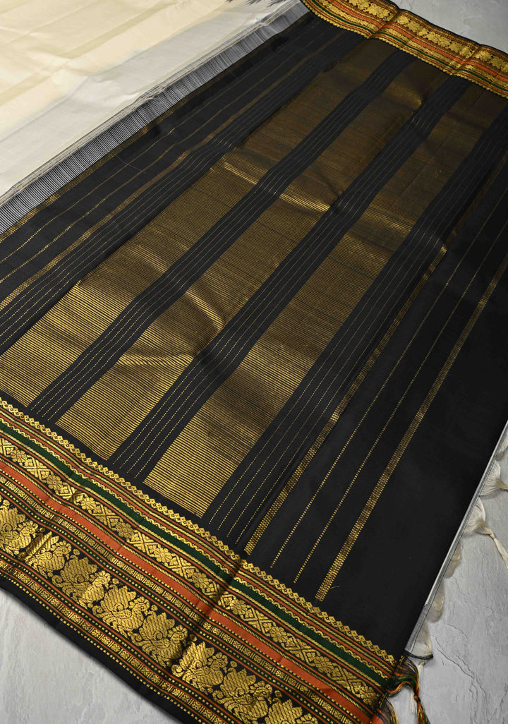 Korvai Offwhite and Black   Kanjivaram Pure Silk Saree with Contrast Temple and Zari Border | SILK MARK CERTIFIED