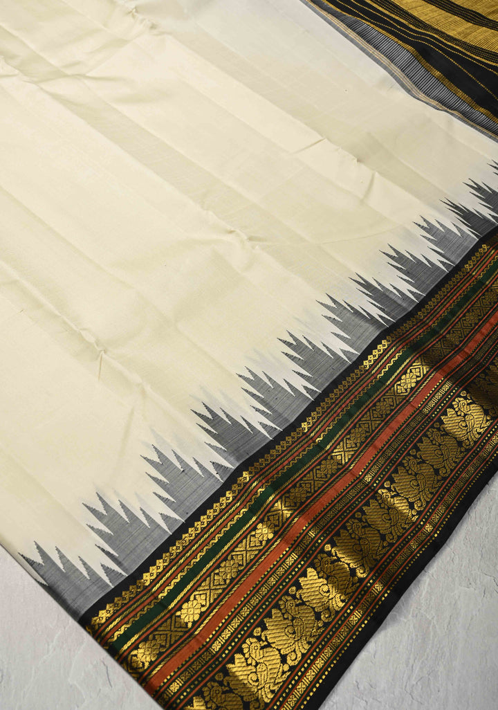 Korvai Offwhite and Black   Kanjivaram Pure Silk Saree with Contrast Temple and Zari Border | SILK MARK CERTIFIED