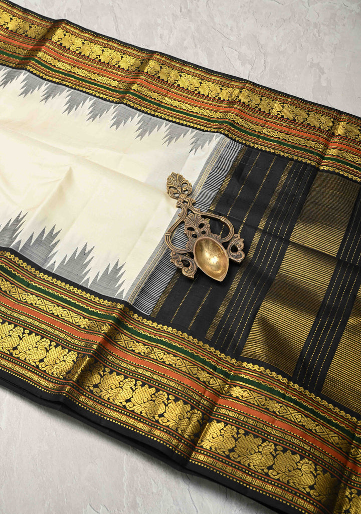 Korvai Offwhite and Black   Kanjivaram Pure Silk Saree with Contrast Temple and Zari Border | SILK MARK CERTIFIED