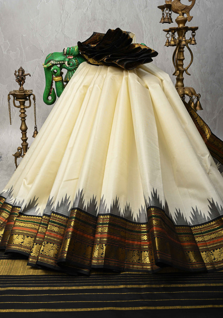 Korvai Offwhite and Black   Kanjivaram Pure Silk Saree with Contrast Temple and Zari Border | SILK MARK CERTIFIED