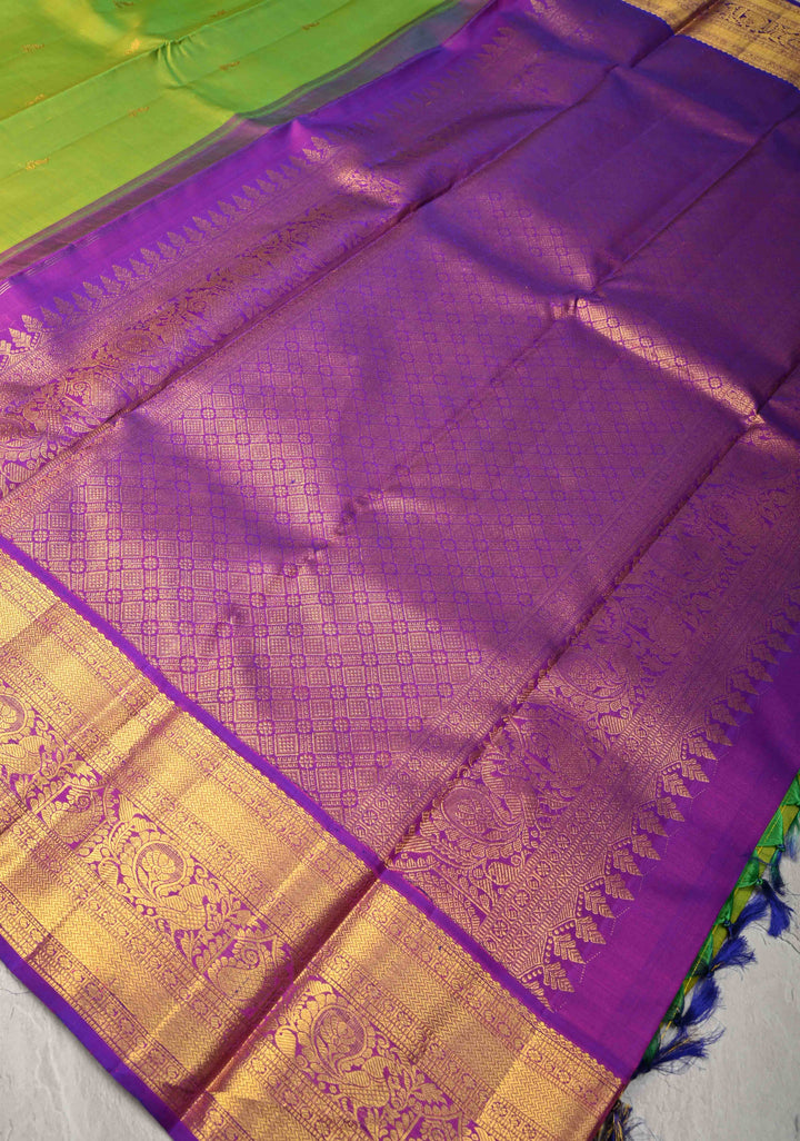 Chartreuse Korvai Weave Kanjivaram Pure Silk Saree with Zari Buttas and Contrast Zari Border | SILK MARK CERTIFIED
