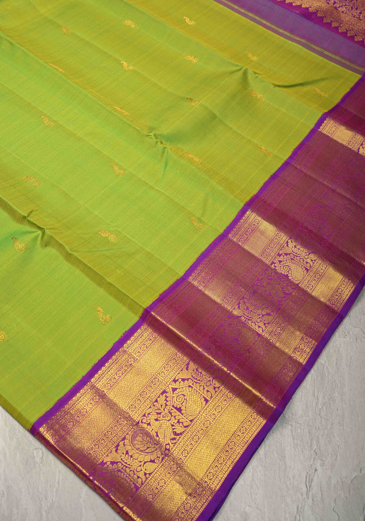 Chartreuse Korvai Weave Kanjivaram Pure Silk Saree with Zari Buttas and Contrast Zari Border | SILK MARK CERTIFIED