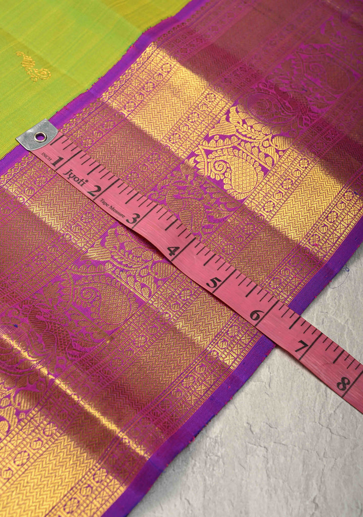 Chartreuse Korvai Weave Kanjivaram Pure Silk Saree with Zari Buttas and Contrast Zari Border | SILK MARK CERTIFIED