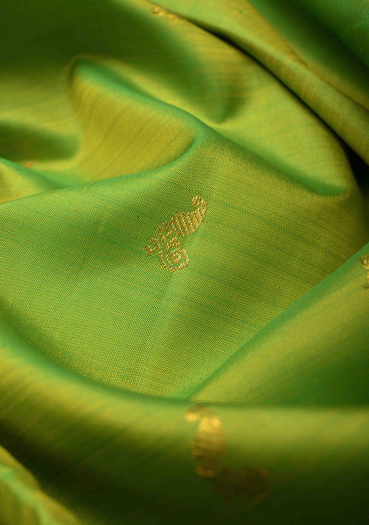 Chartreuse Korvai Weave Kanjivaram Pure Silk Saree with Zari Buttas and Contrast Zari Border | SILK MARK CERTIFIED
