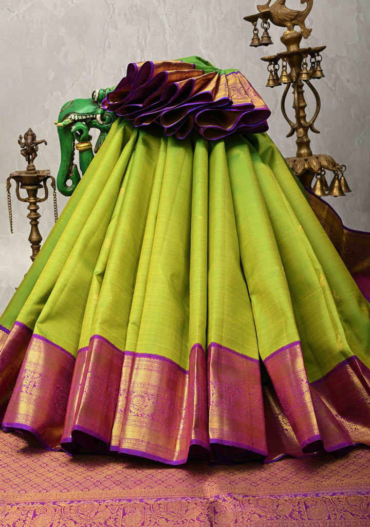 Chartreuse Korvai Weave Kanjivaram Pure Silk Saree with Zari Buttas and Contrast Zari Border | SILK MARK CERTIFIED
