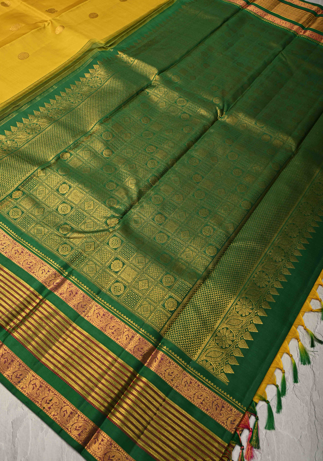 Mango Yellow Korvai Weave Kanjivaram Pure Silk Saree with Mandala Motifs and Contrast Zari Border | SILK MARK CERTIFIED