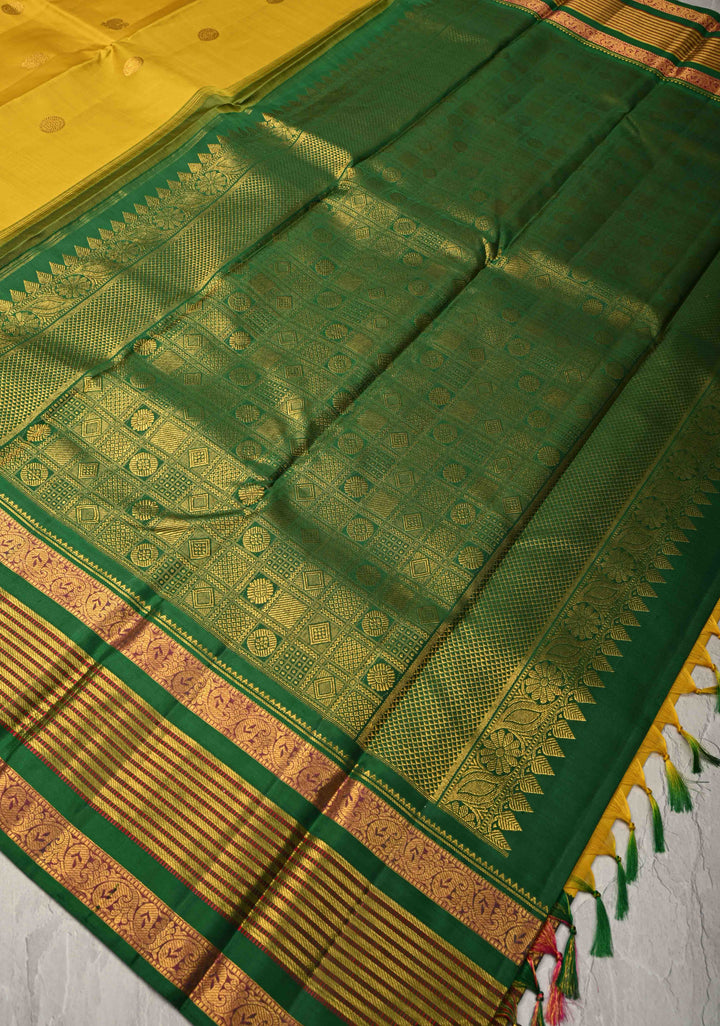 Mango Yellow Korvai Weave Kanjivaram Pure Silk Saree with Mandala Motifs and Contrast Zari Border | SILK MARK CERTIFIED