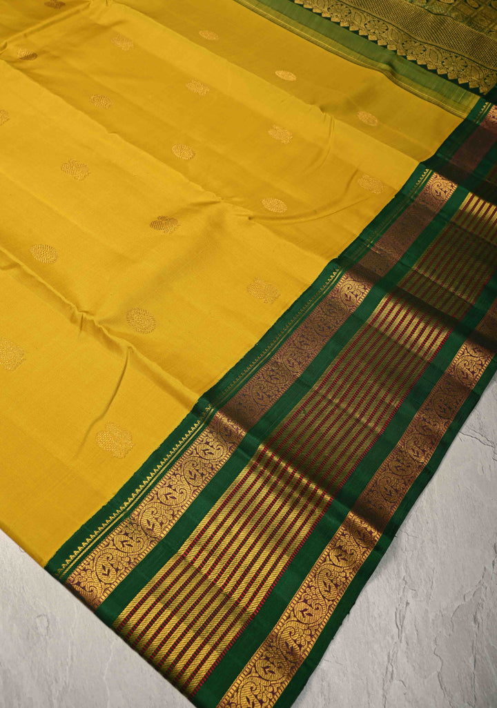 Mango Yellow Korvai Weave Kanjivaram Pure Silk Saree with Mandala Motifs and Contrast Zari Border | SILK MARK CERTIFIED