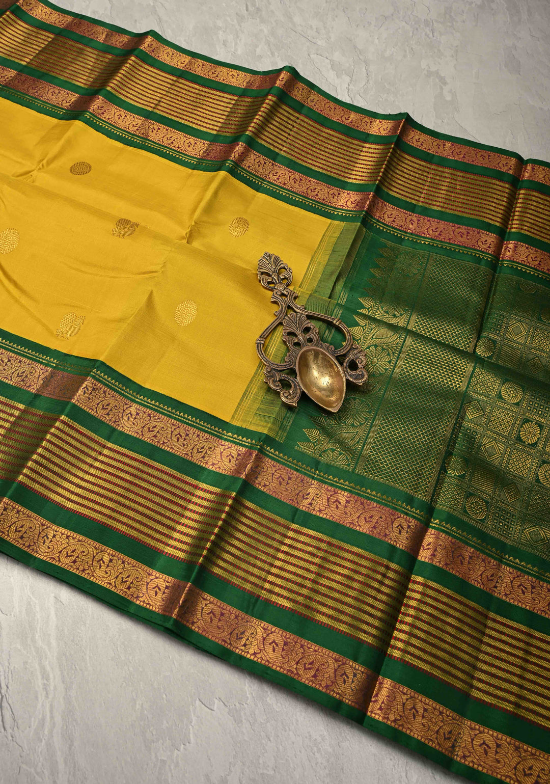 Mango Yellow Korvai Weave Kanjivaram Pure Silk Saree with Mandala Motifs and Contrast Zari Border | SILK MARK CERTIFIED