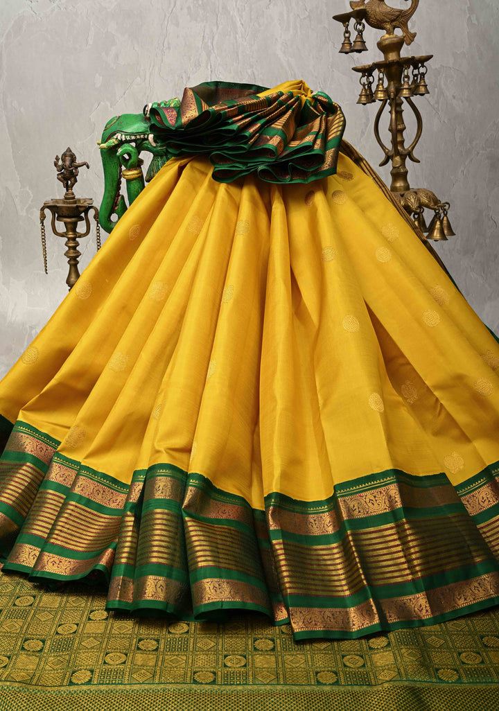 Mango Yellow Korvai Weave Kanjivaram Pure Silk Saree with Mandala Motifs and Contrast Zari Border | SILK MARK CERTIFIED