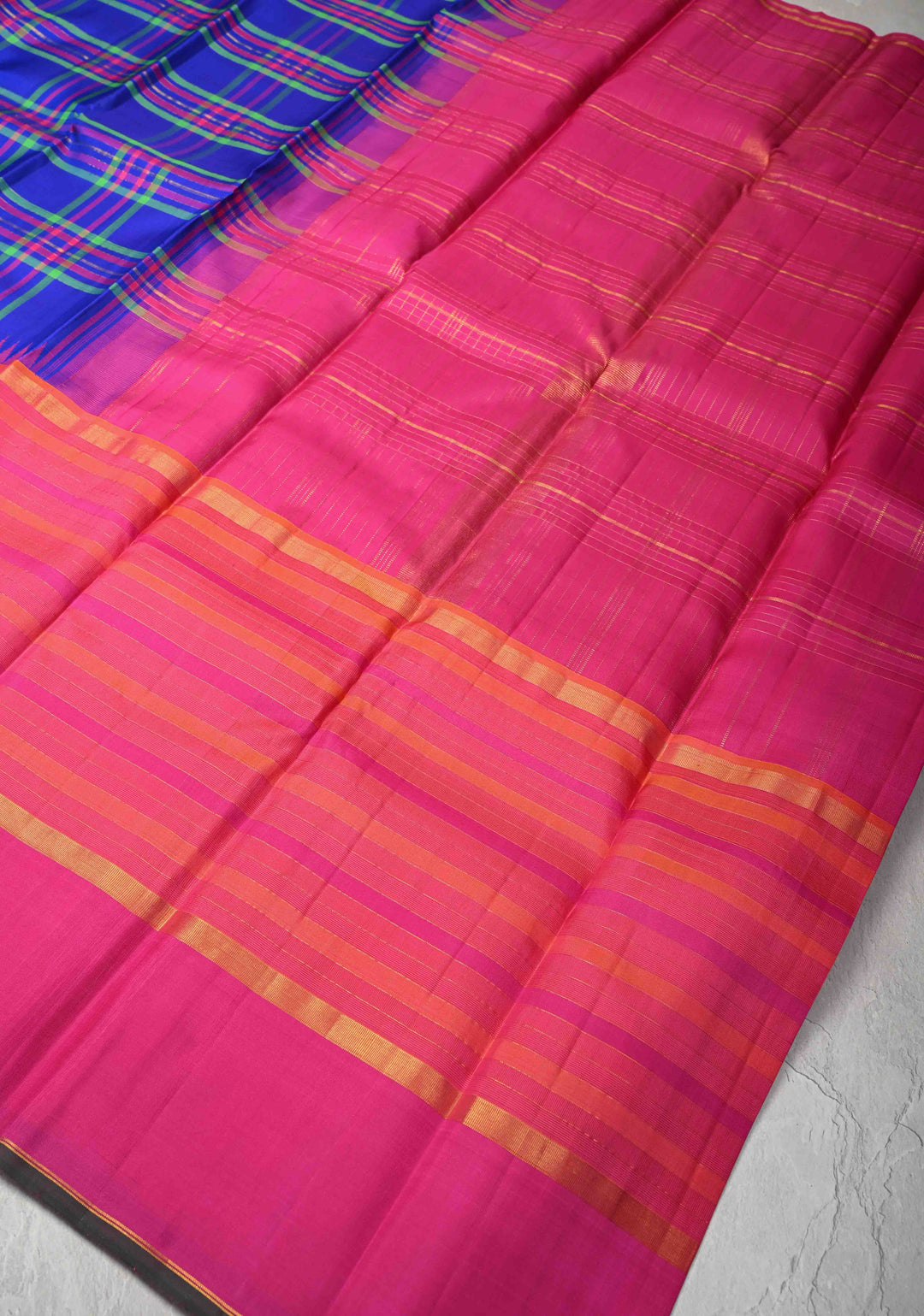 Heritage Kattam Multicolor Checks on Kanjivaram Silk Saree with Zari Buttas on Orange Pink Skirt Border | SILK MARK CERTIFIED