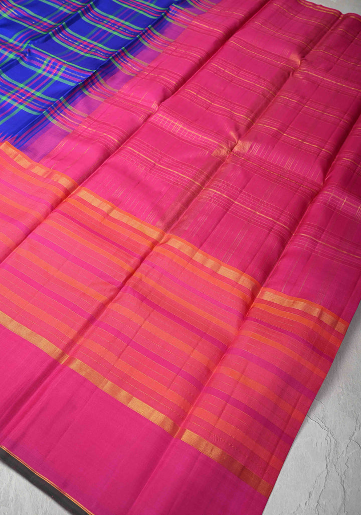 Heritage Kattam Multicolor Checks on Kanjivaram Silk Saree with Zari Buttas on Orange Pink Skirt Border | SILK MARK CERTIFIED